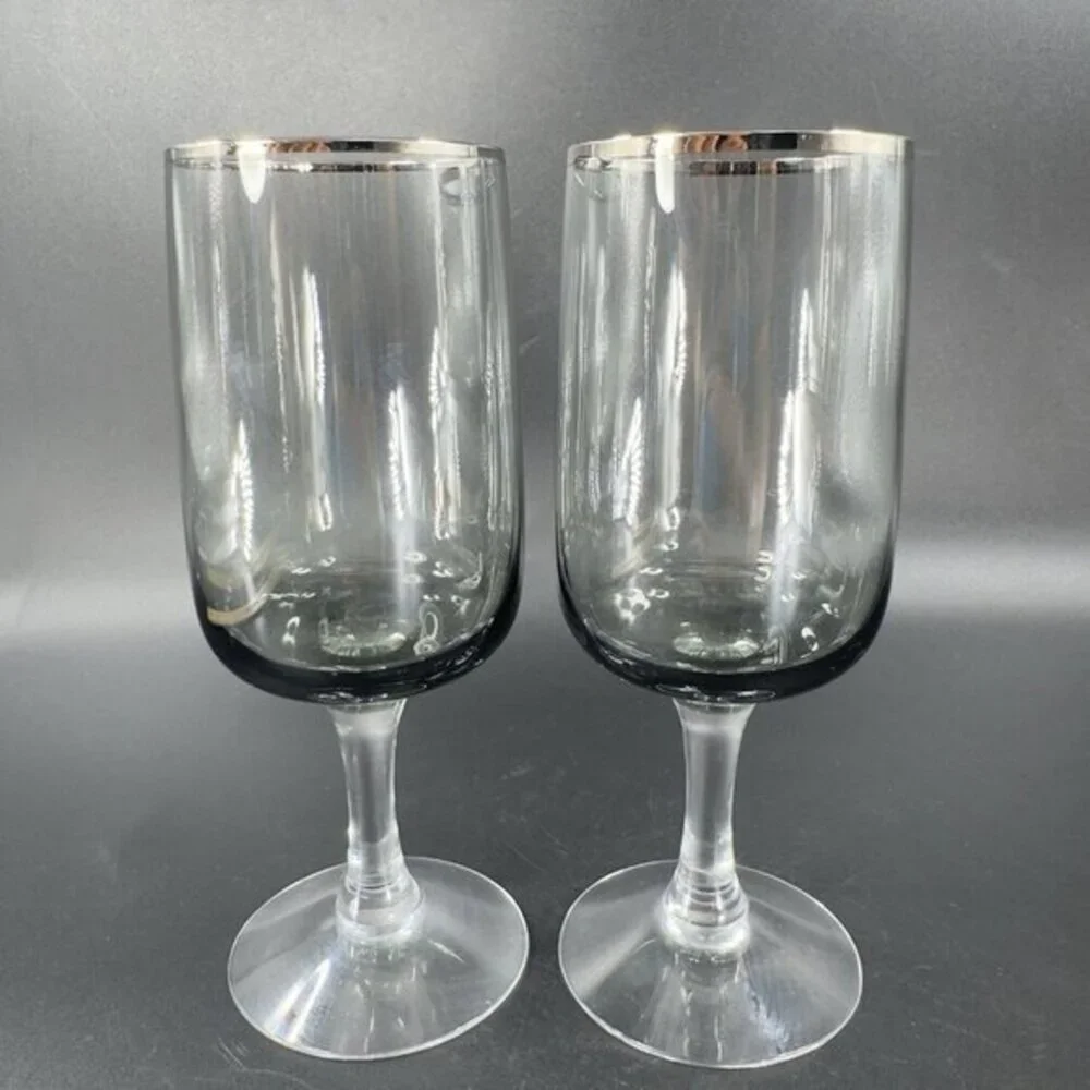 Fostoria Cherish Smoke Grey and Platinum Trim Set 2 Drinking Glasses Cups‎ Glass